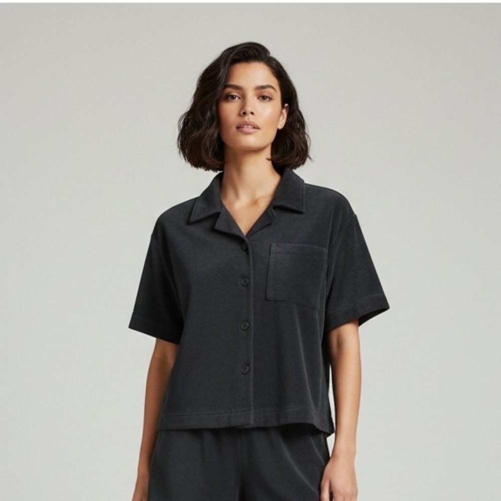 Fabletics Womens XXL Black‎ Terry Cloth Button Down Short Sleeve Shirt Top